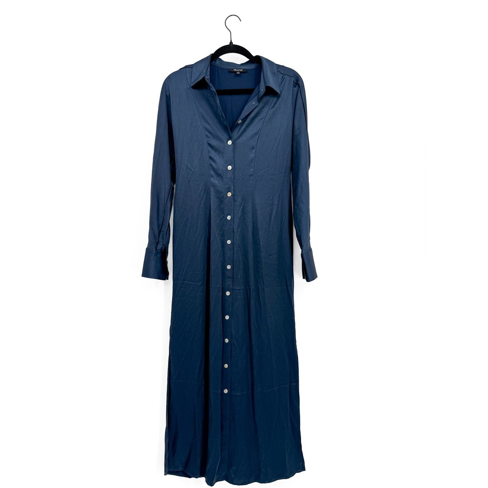 Madewell Shirt Dress Women 2 Blue Silk Maxi Button Front Long Sleeve 0146